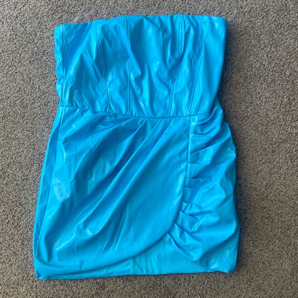 Blue pleather strapless dress
